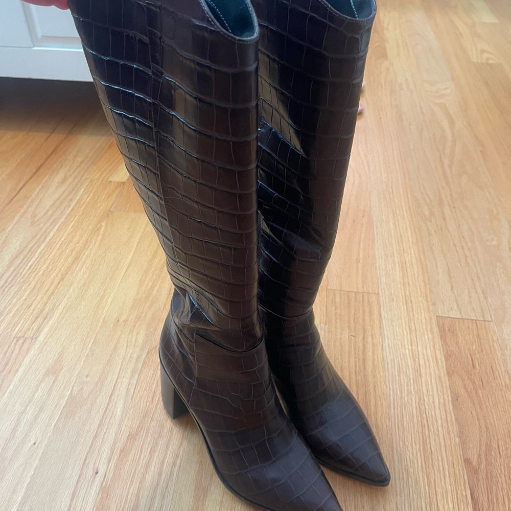 Nordstrom Dark Brown Croc-Embossed Heeled Boots